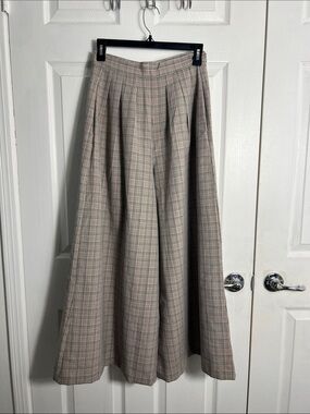 Corey Lynn Calter Neutral Plaid Wide-Leg Trousers